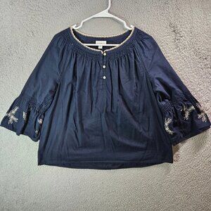 J Jill Embroidered Top Blouse Women Medium Petite Preppy Eyelet Navy Blue
